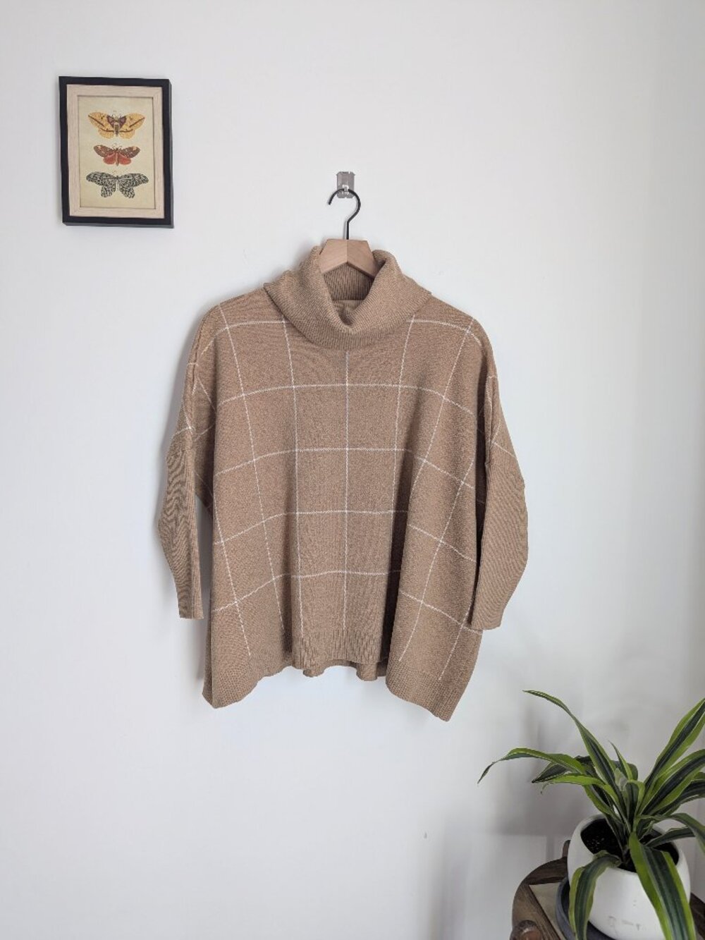 Loft Windowpane Turtleneck Sweater Cotton Tan Women's Size M